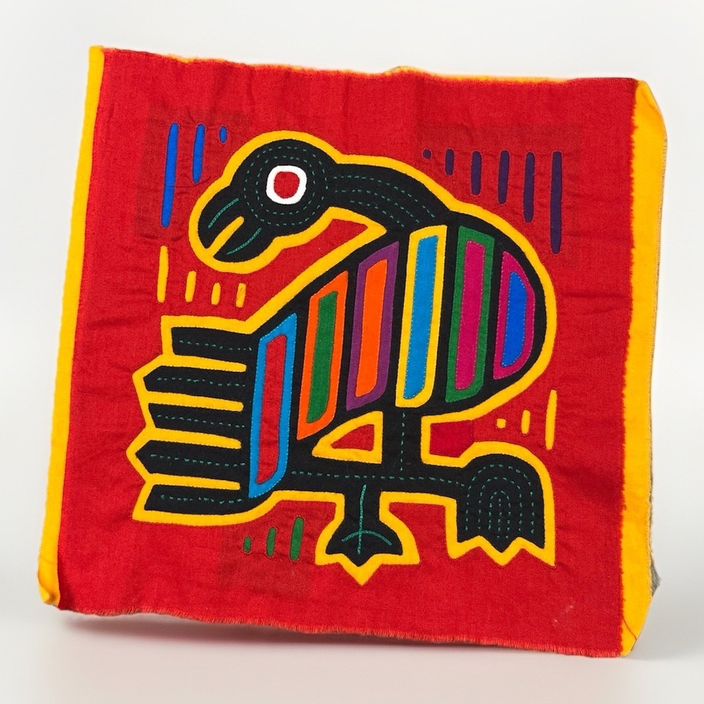 VTG Kuna Mola Hand Sewn Art Textile Fabric Folk Fabric Turkey Bird Quilt Block